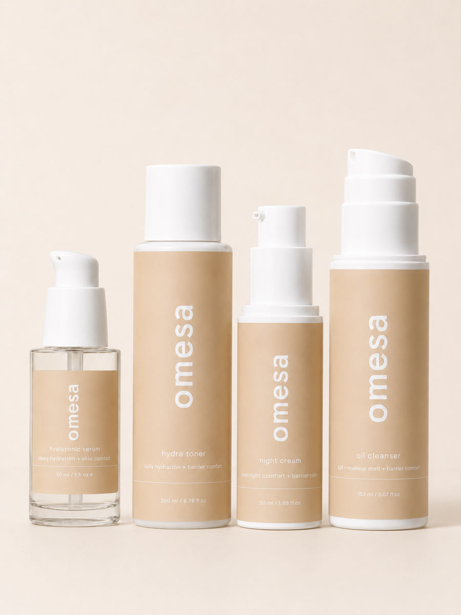 OMESA Abendroutine mit Oil Cleanser, Hydra Toner, Hyaluronic Serum und Night Cream