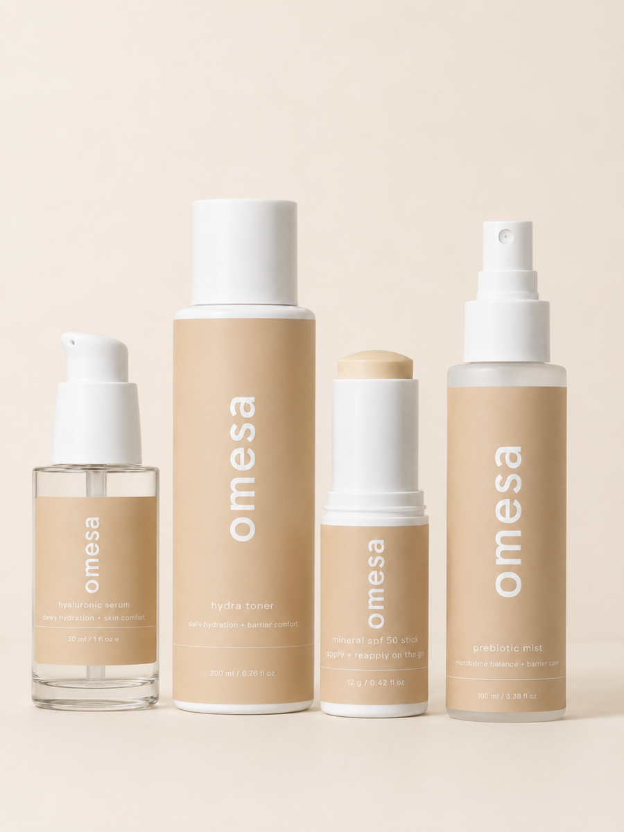 OMESA Morgenroutine mit Hydra Toner, Hyaluronic Serum, Prebiotic Mist und Mineral SPF 50 Stick