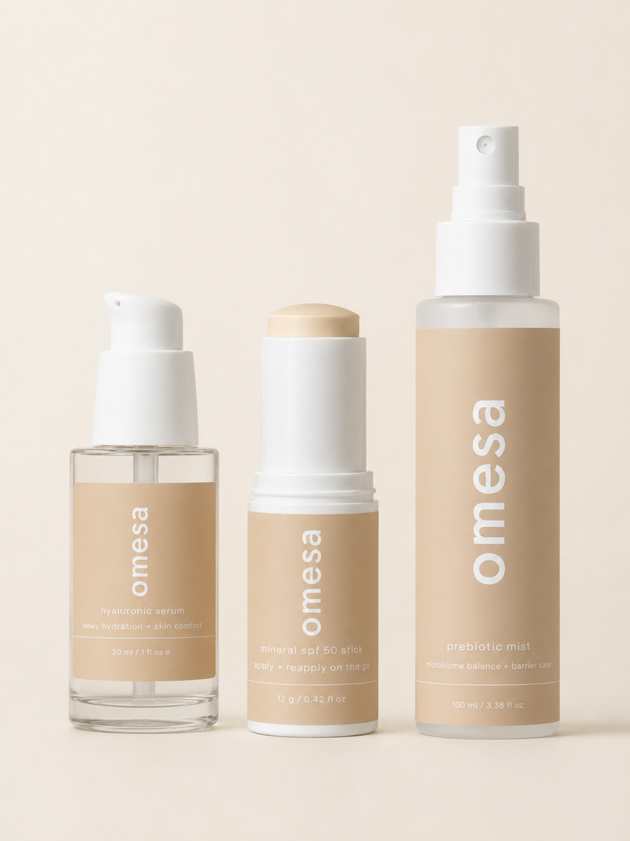 OMESA Sommer-Essentials mit Hyaluronic Serum, Prebiotic Mist und Mineral SPF 50 Stick