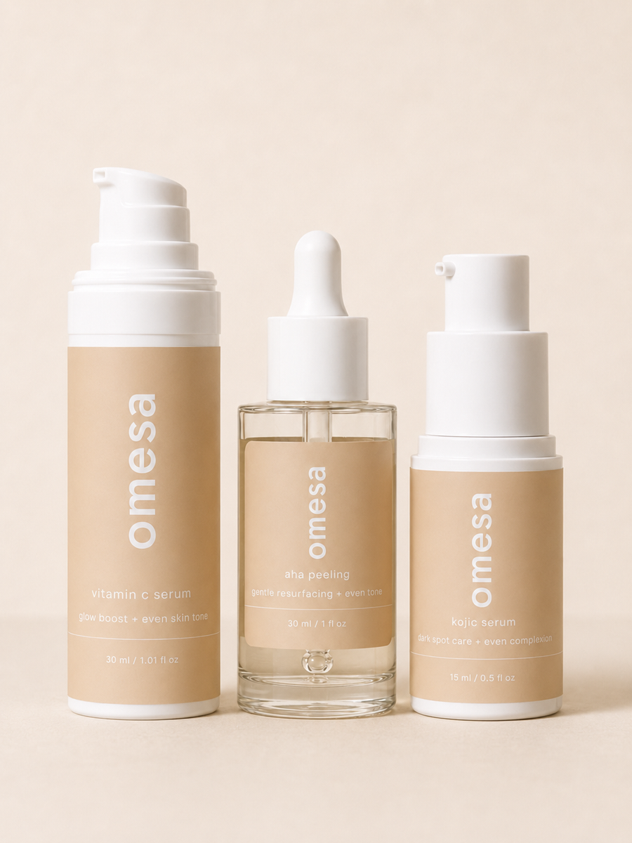 OMESA Routine für ebenmäßigen Teint mit Vitamin C Serum, AHA Peeling und Kojic Serum